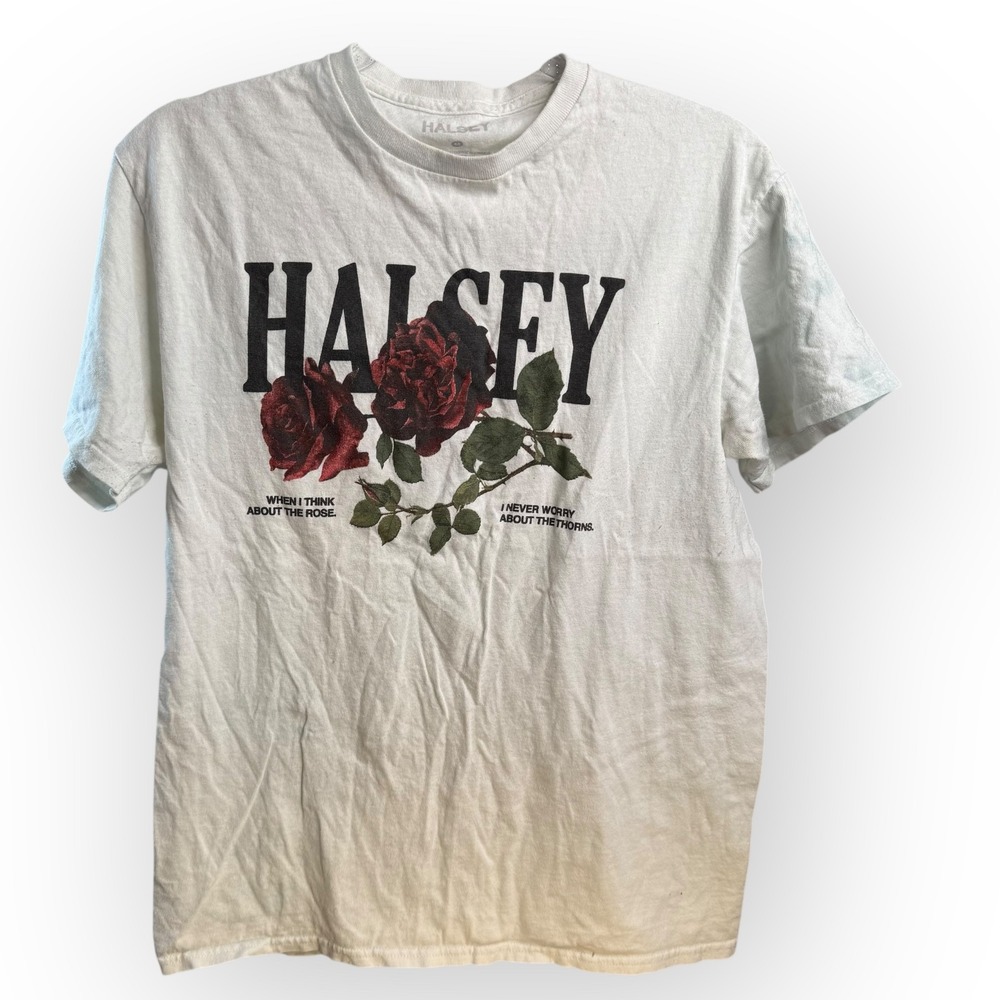 Halsey Graphic T-Shirt Rose Design Short Sleeve Top White Tee Size‎ M